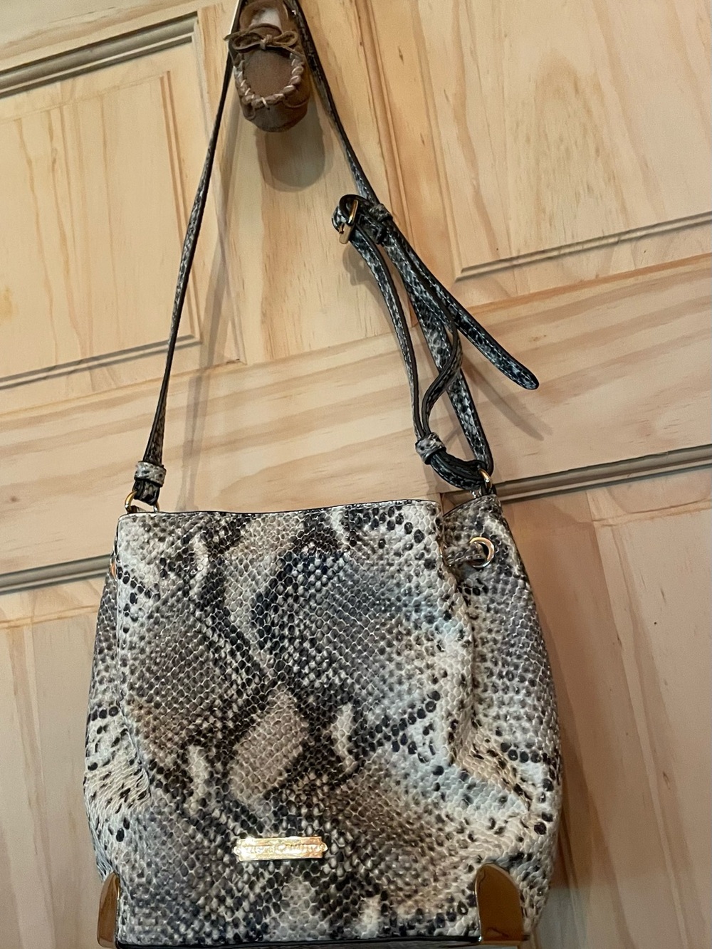 Snake-Print Drawstring Shoulder Bag - Black & Cream Vince Camuto